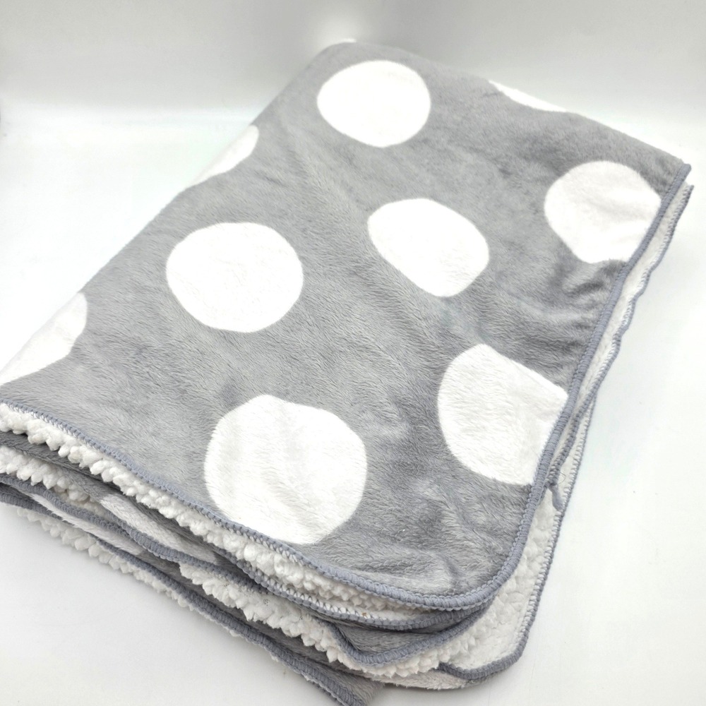 Vintage Circo Baby Blanket Grey White Polka Dot Plush Sherpa Fleece Nursery Gray